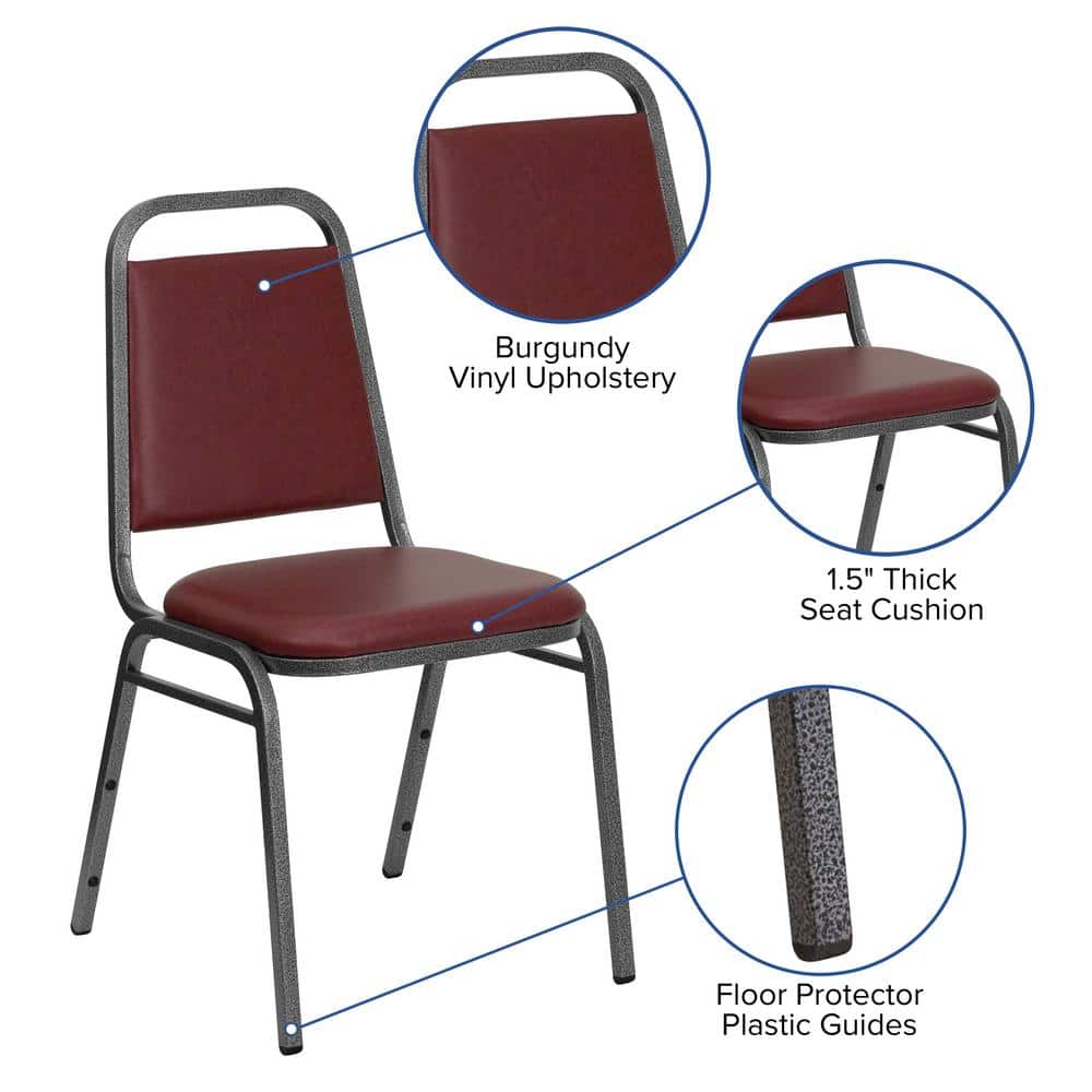 Burgundy Vinyl and Silver Metal Stacking Banquet Chair