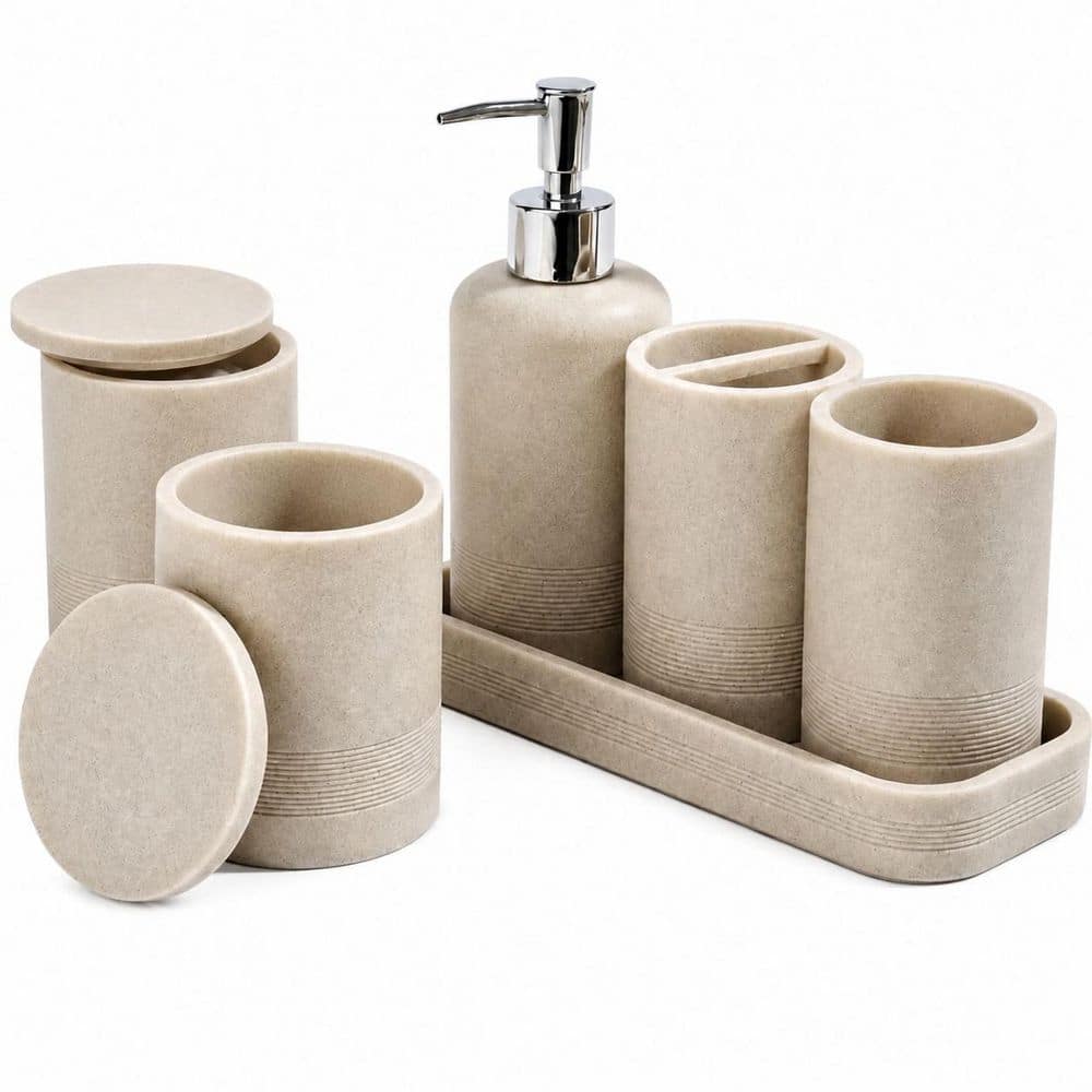 6-Piece Bathroom Accessory Set with Soap Dispenser, Vanity Tray, Tumbler and Cotton Swab Jars in Beige price history on PriceWatchPro