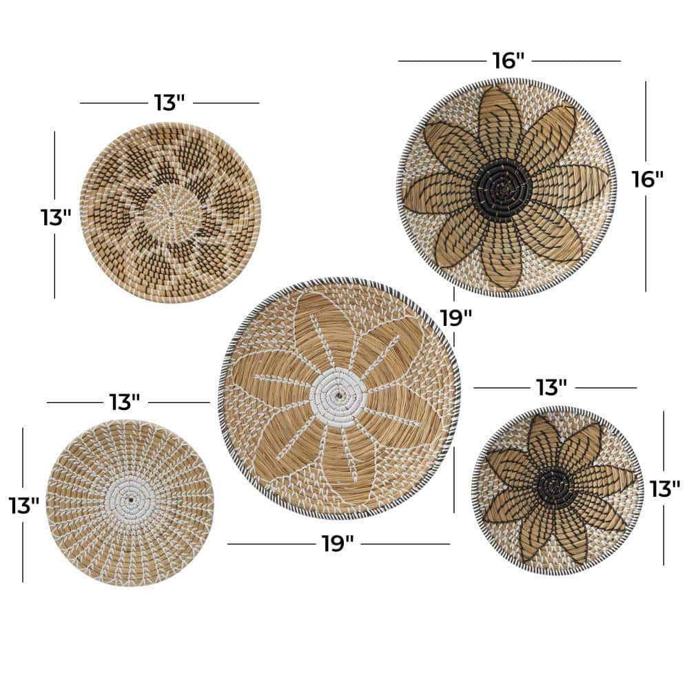 Handmade Brown and White Seagrass Embroidered Wall Sculpture Set