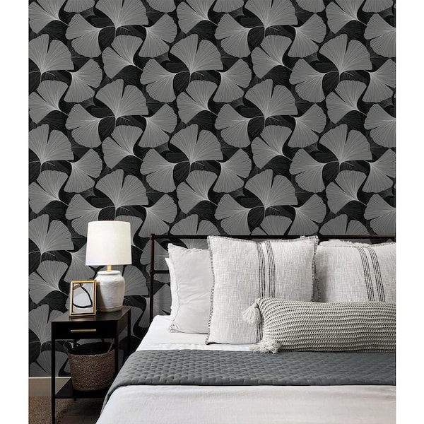 31.35 sq. ft. Ebony and Greystone Tossed Ginkgo Leaf Vinyl Peel and Stick Wallpaper Roll
