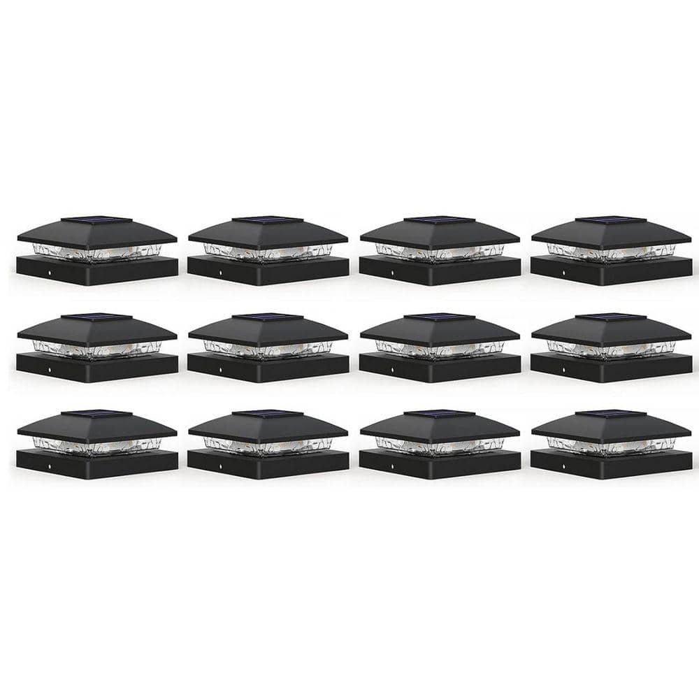 Afoxsos 12-Pack IP64 Waterproof Solar Post Cap Lights for 4 x 4 Posts Warm White LED All-Night Lighting Easy Install Black