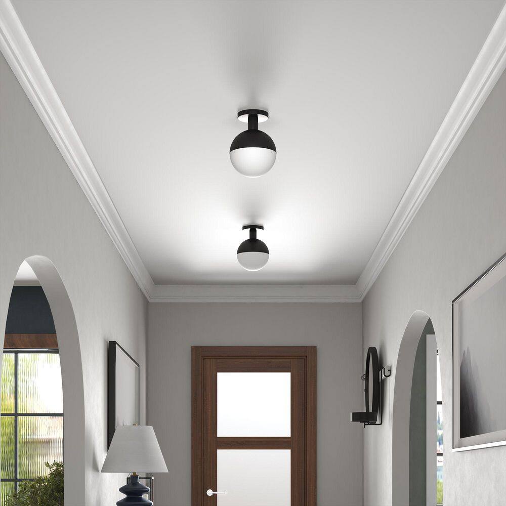 Blackened Bronze and Milk Glass Globe Semi Flush Mount