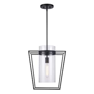 15-in. 1-Light Black Hanging Kitchen Pendant Light with Clear Glass Cylinder Shade