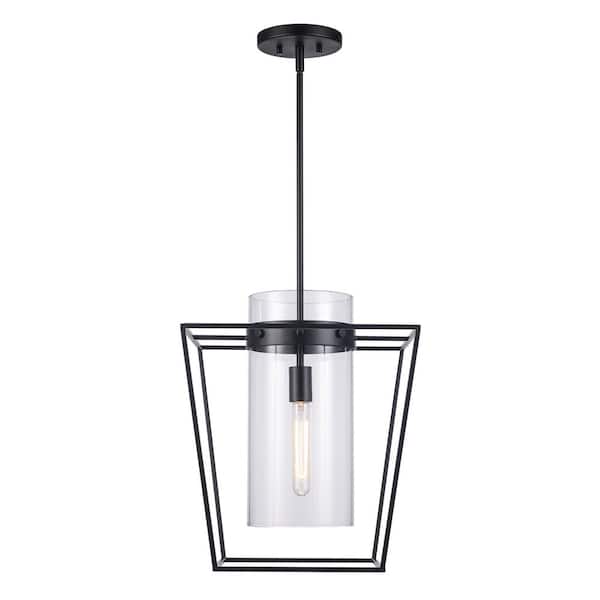 Bel Air Lighting 15-in. 1-Light Black Hanging Kitchen Pendant Light with Clear Glass Cylinder Shade