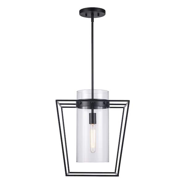 15-in. 1-Light Black Hanging Kitchen Pendant Light with Clear Glass Cylinder Shade
