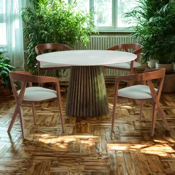 Nancy Mid-Century Modern White Faux Marble 53 in. Pedestal Dining Table Seats-6