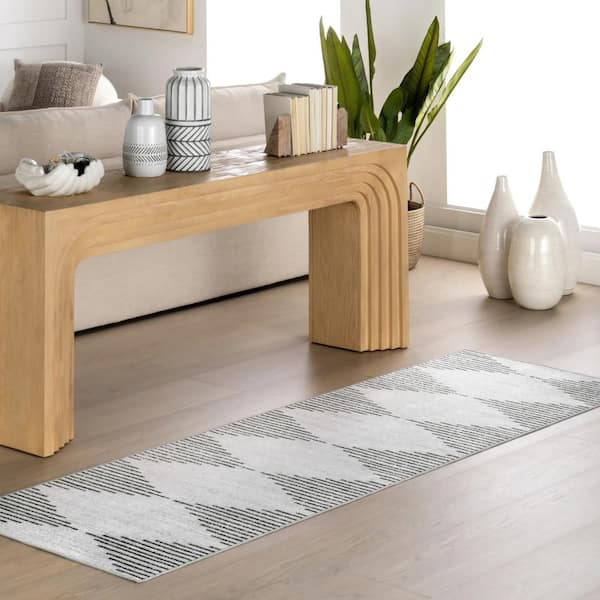 Diamond Pinstripes Spill Proof Washable White 2.6 ft. x 6 ft. Indoor Area Rug