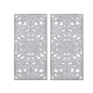 Botanical Panel 31.50 in. x 15.75 in. White Distressed Carved Wood 2-Piece Set by NA Wall Art Decor