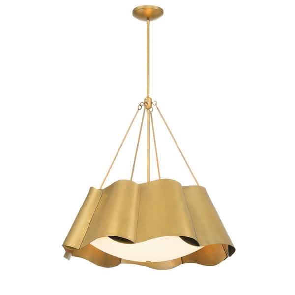 Waveform 60-Watt 4-Light Legacy Brass Round Pendant Light with Etched Seeded Glass and Metal Shades, No Bulbs Included