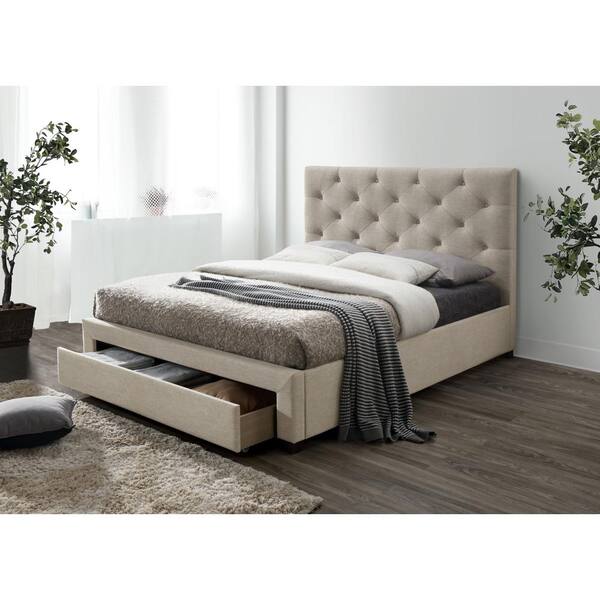 Stevies Beige Twin Upholstered Wood Frame Platform Bed With Foot Drawer