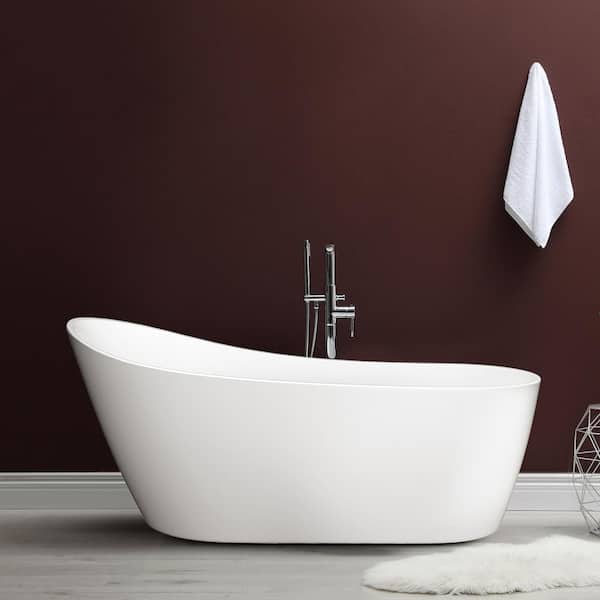 Getpro 67 in. Acrylic Single Slipper Flatbottom Soaking Bathtub with Stainless Steel Overflow and Drain in White