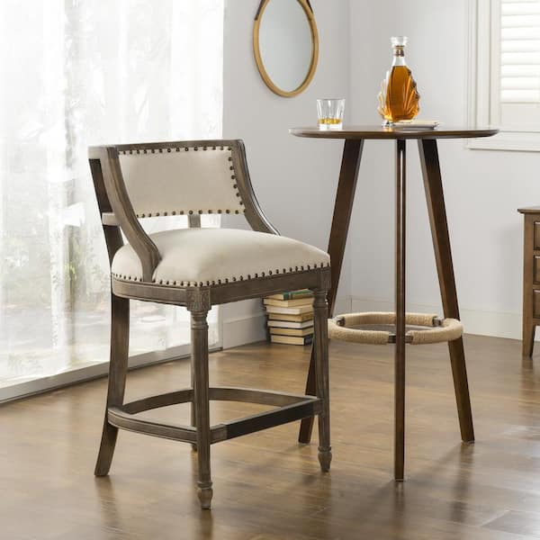 Paris 26 in. Light Beige Linen Farmhouse Kitchen Counter Height Bar Stool with Backrest and Wood Frame