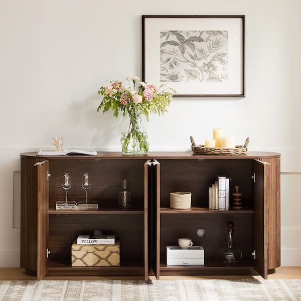 Julian Walnut Wood Modern Sideboard with Rounded Edges,Adjustable Shelves, Elevated Base,Soft-Close Hinges,Metal Handles