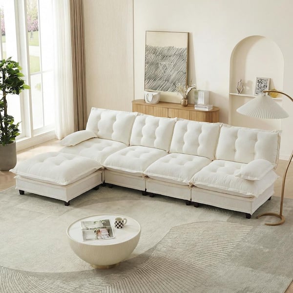 Gaiety Modern 138.5 in. Pillow Top Arms Chenille Upholstered L-Shaped Sectional Sofa in Beige with 1 Ottomans
