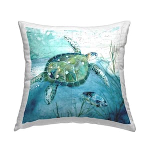 Sea Tortoise and Fish Blue Print Polyester 18 in. x 18 in. Throw Pillow