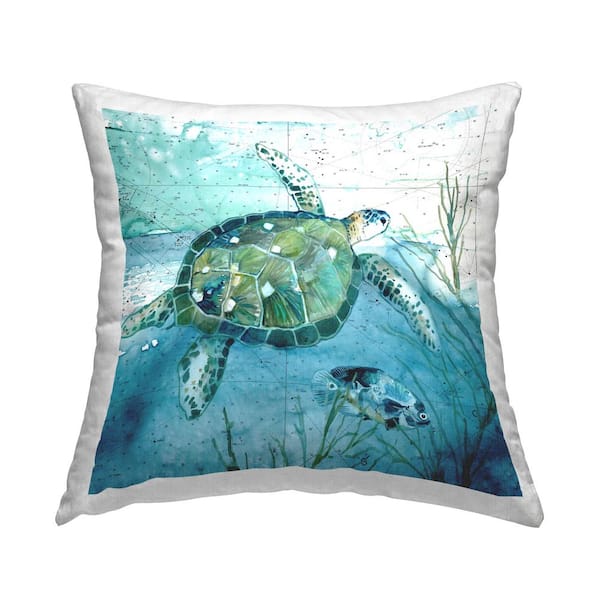 Stupell Industries Sea Tortoise and Fish Blue Print Polyester 18 in. x 18 in. Throw Pillow
