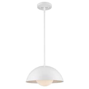 Maureen 12 in. 1-Light White Pendant Light Fixture with Metal Dome and White Opal Glass Shade