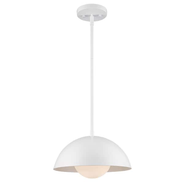 Bel Air Lighting Maureen 12 in. 1-Light White Pendant Light Fixture with Metal Dome and White Opal Glass Shade