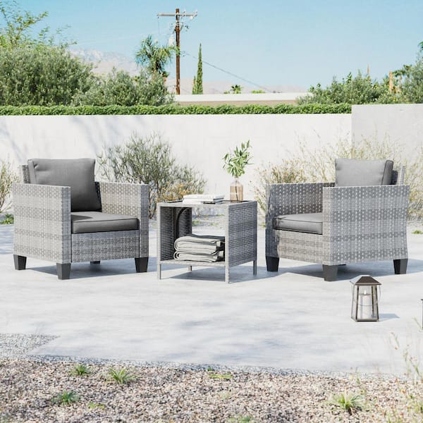 JOYESERY 3-Piece Gray Wicker Patio Bistro Set Outdoor Single Sofa Set with Side Table for Outdoor Lawn, Gray Cushions
