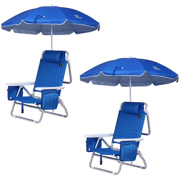 Unbranded Backpack Beach Chair, Chair with Umbrella, Beach Chair for Adults, Reclining Folding Chair with Cooler (2-Pieces Blue)