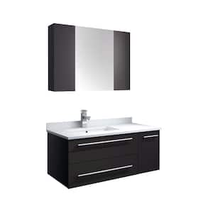 Lucera 36 in. W Wall Hung Vanity in Espresso with Quartz Stone Vanity Top in White with White Basin and Medicine Cabinet