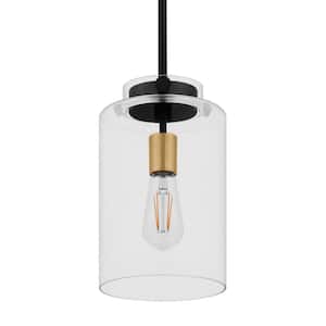 Mullins 6.75 in. 1-Light Coal and Honey Gold Mini Pendant Hanging Light, Kitchen Pendant Lighting with Clear Glass Shade