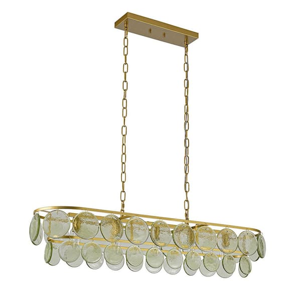 Ava 5-Light 39.76 in. Rectangle Gold Chandelier with Textured Green Glass
