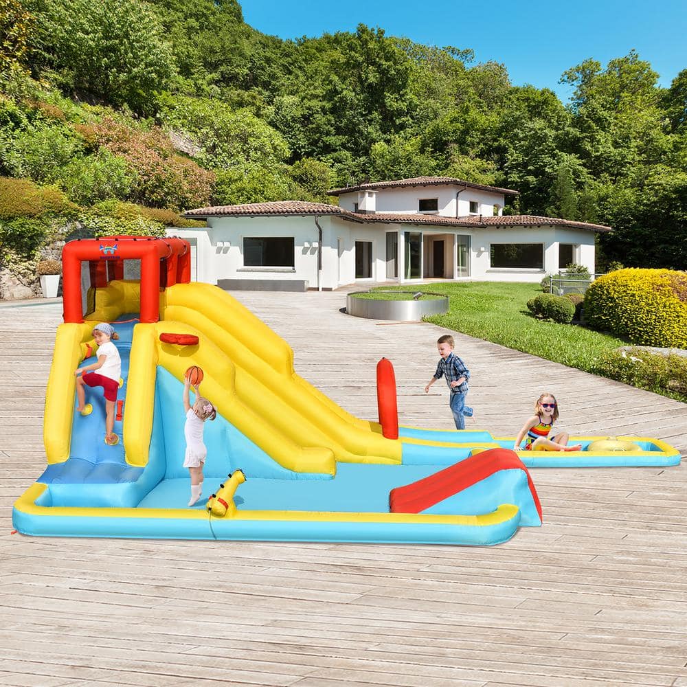 Multi-Color Inflatable Bounce House with Dual Slides and Water Park