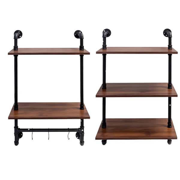 0.866 in. x 3 ft Black Iron Industrial Pipe Shelf 3-Tier and 2-Tier Wall Mounted Shelves 36 in. Wood Display Shelves