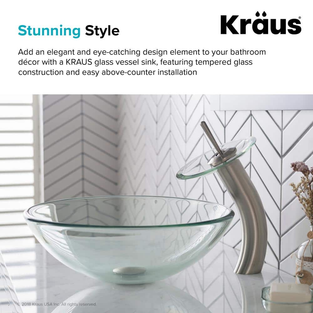 Clear Round Glass Vessel Bathroom Sink, 17-inch