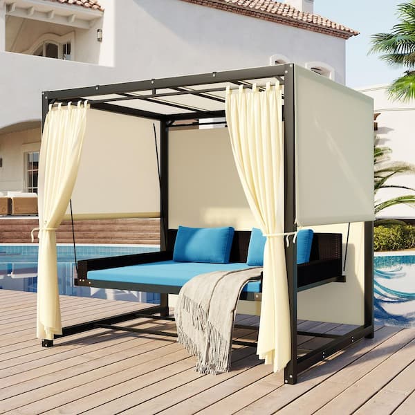 Harper Bright Designs Black Metal Wicker Patio Swing Daybed With Adjule Beige Curtains And Blue Cushions Wyt030aac The