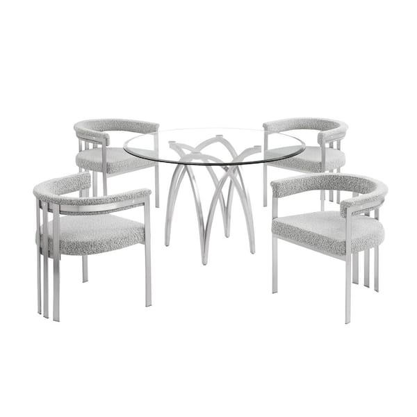 Best Quality Furniture Bayton 5-Piece Clear Tempered Glass Top Brushed Matte Chrome-Plated Base Dining Set With 4 Rich Grey Boucle Fabric Chair