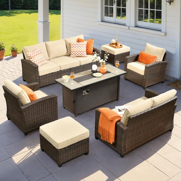 weaxty W Antigone Gray 7-Piece Wicker Patio 53 in. Spacious Fire Pit Conversation Sofa Set with Beige Cushions