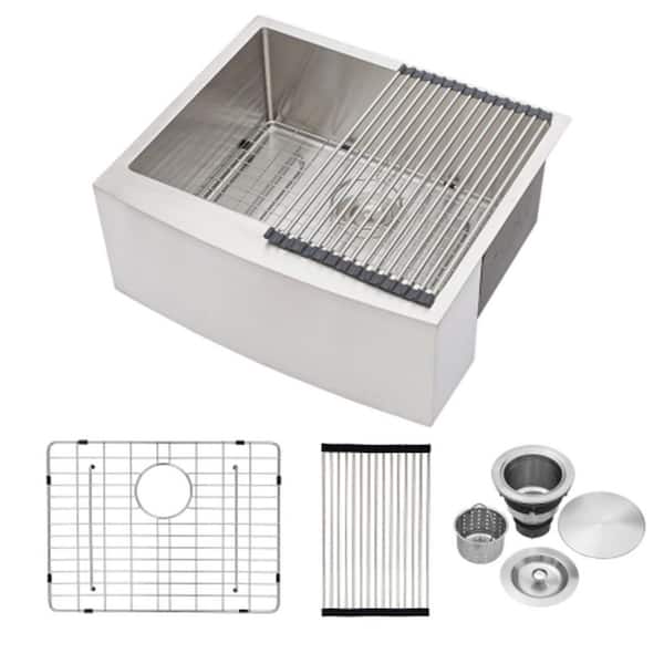 Unbranded Chrome 16 Gauge Stainless Steel 24 in. L Single Bowl Corner Farmhouse Apron Workstation Kitchen Sink with Faucet