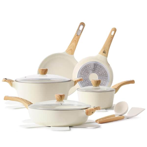 14-Piece White Ceramic Cookware Set, Pots and Pans Set Non Stick with Frying Pans Set, PFAS PTFE PFOA PFOS Free