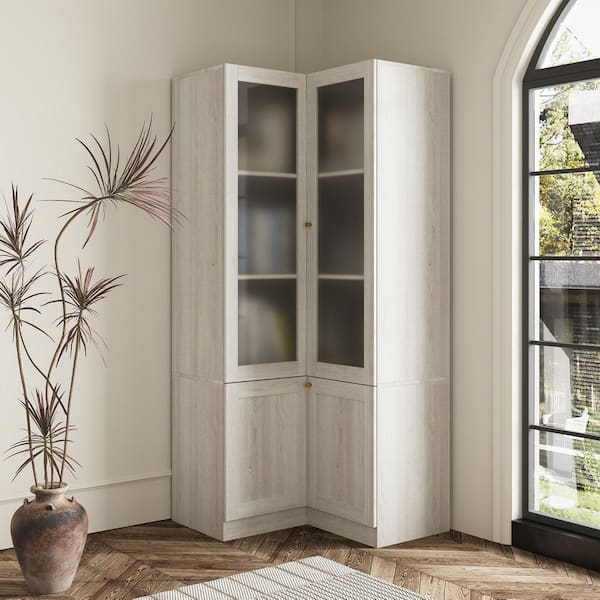 FUFU&GAGA 70.9 in. Tall Gray Wood Grain 3-Shelf Standard Bookcase Corner Bookcase with Tempered Glass Doors and Adjustable Shelves