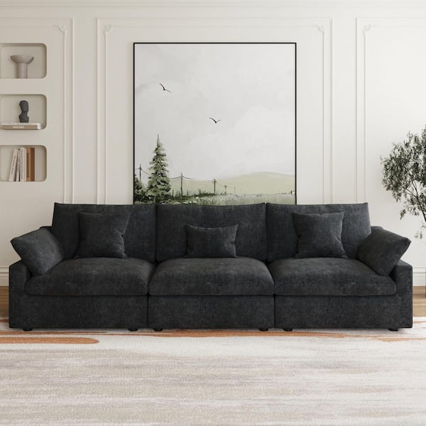 J&E Home 119.2 in. Slope Arm Linen 3-Pieces Modular Free Combination Sofa with Ottoman in Black