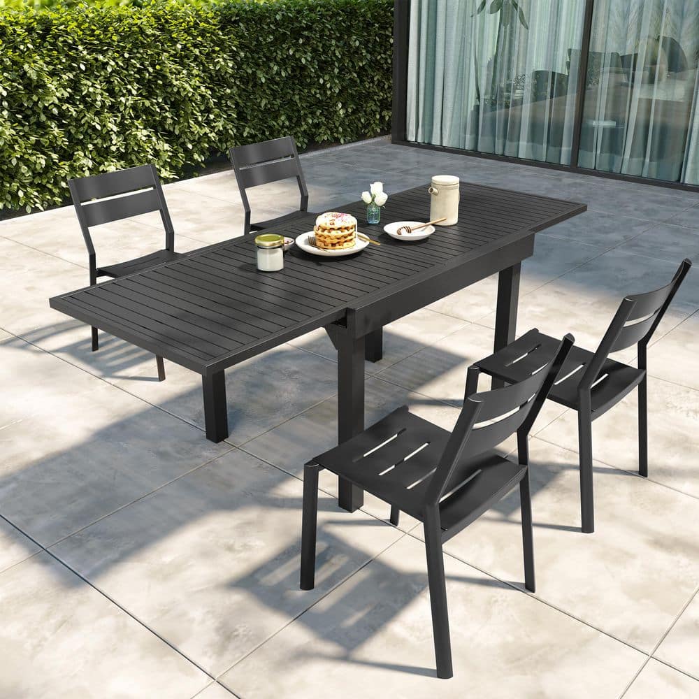 5 Pieces Black Aluminum Rectangular Outdoor Dining Set with Extendable Table and Stackable Chairs