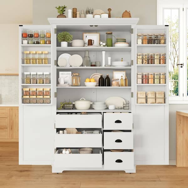 White Wood 42 in. x 72 in. Pantry Cabinet with Door Shelves, Adjustable Shelves and Pull-out Trays