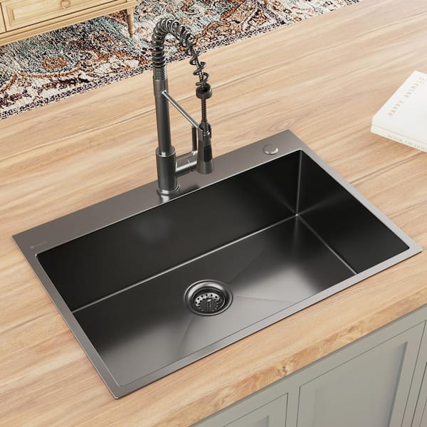30 in. Drop-In Single Bowl 18 Gauge Gunmetal Black Stainless Steel Kitchen Sink with Black Spring Neck Faucet