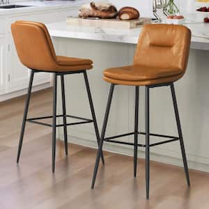 30 in. Metal Frame Whiskey Brown Faux Leather Upholstered Bar Chairs Armless Bar Stools with Back and Footrest Set of 2