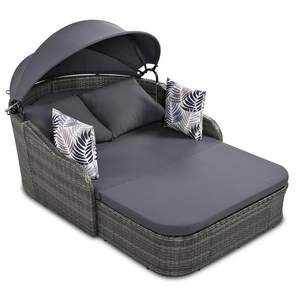 Double PE Wicker Outdoor Terrace Sunbed Sofa Chaise Lounge