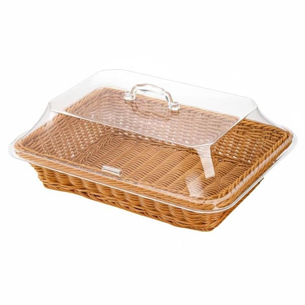 Brown Rattan Bread Basket with Lid, Woven Tabletop Food Serving Basket, Poly-Wicker Fruit Basket