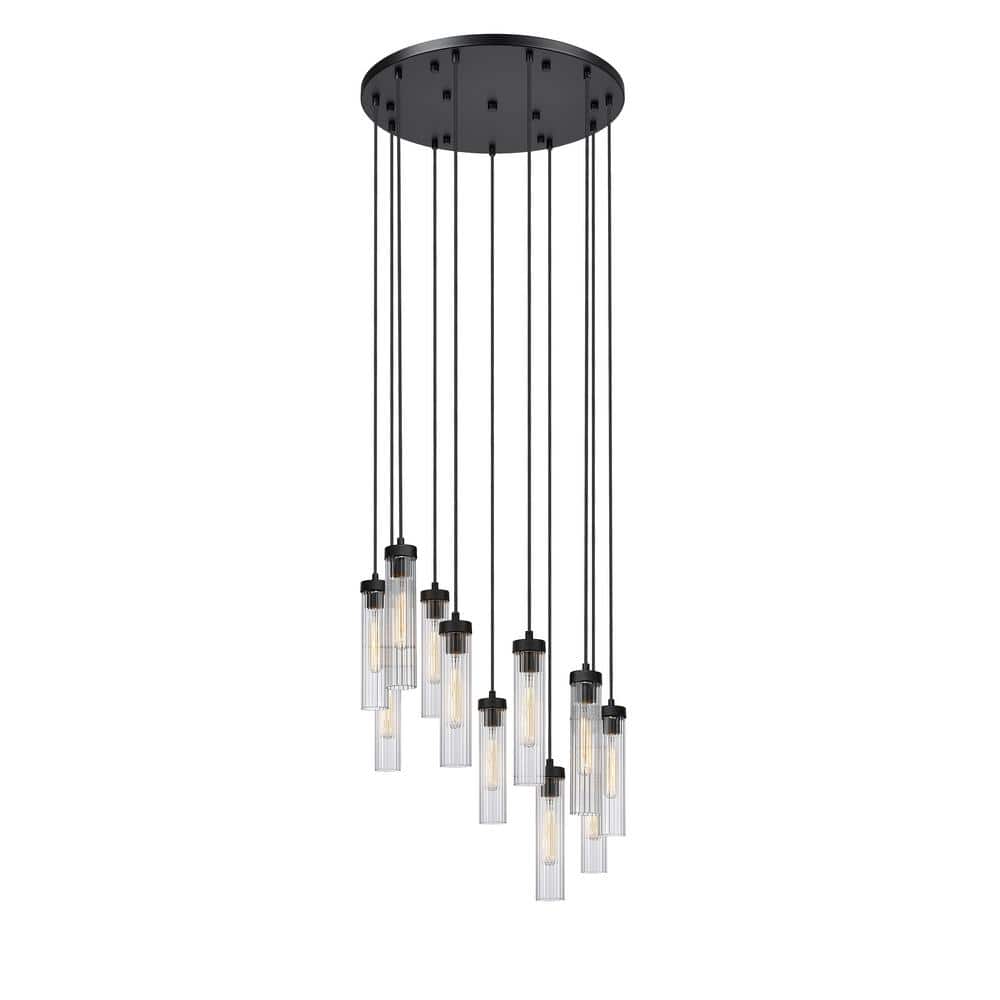 Beau 11-Light Matte Black Shaded Round Chandelier with Clear Glass Shade wi