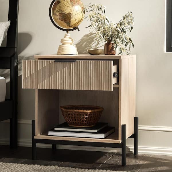 1-Drawer Coastal Oak Wood and Metal Modern Reeded Nightstand with Exposed Legs