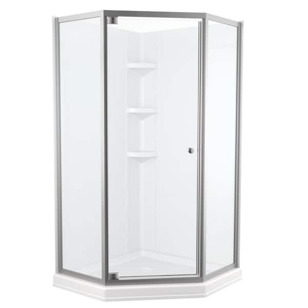 34 in. to 34-4/5 in. W x 72 in. H Neo-Angle Framed Pivot Conner Shower Enclosure in Brushed Silver with Clear Glass