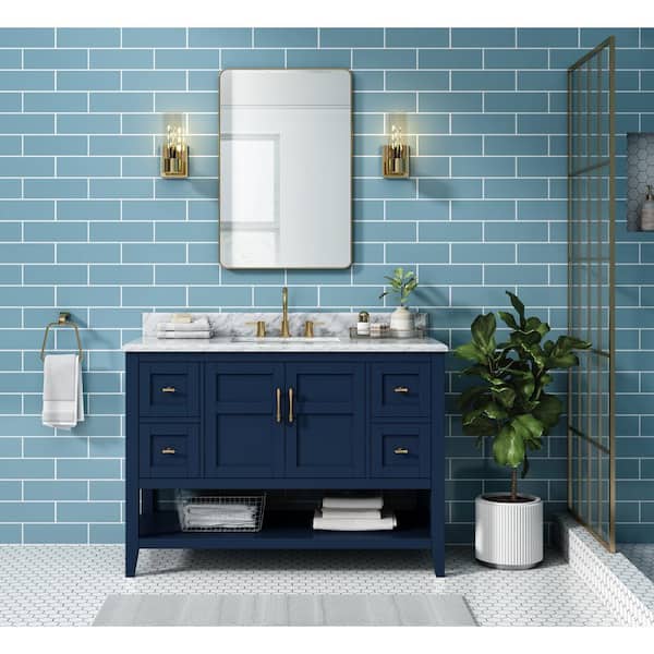 Home Decorators Collection Sturgess 49 in. W x 22 in. D x 35 in. H Single Sink Freestanding Bath Vanity in Navy Blue with Carrara Marble Top