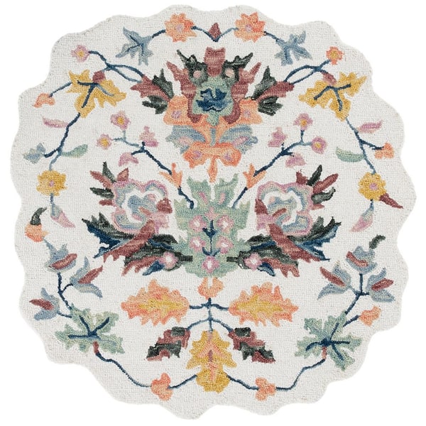 Jardin 3 ft. x 3 ft. Scalloped Ivory/Light Green Floral Crown Area Rug