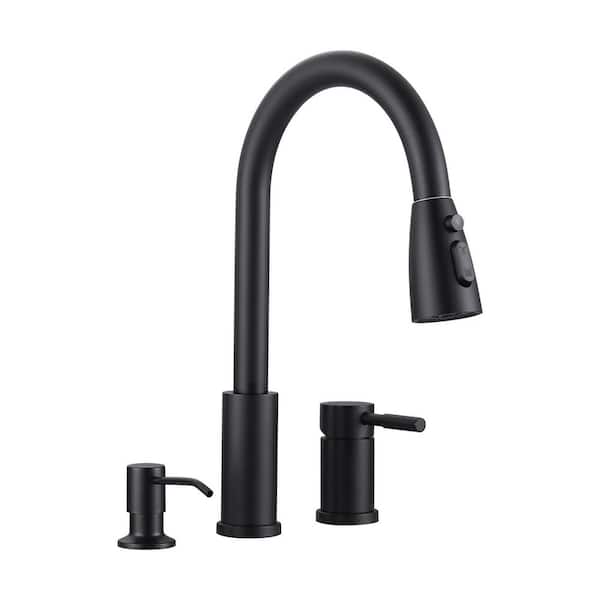 15 in. H Pull Down Sprayer Kitchen Faucet with Soap Dispenser, 360° Swivel Spout in Matte Black
