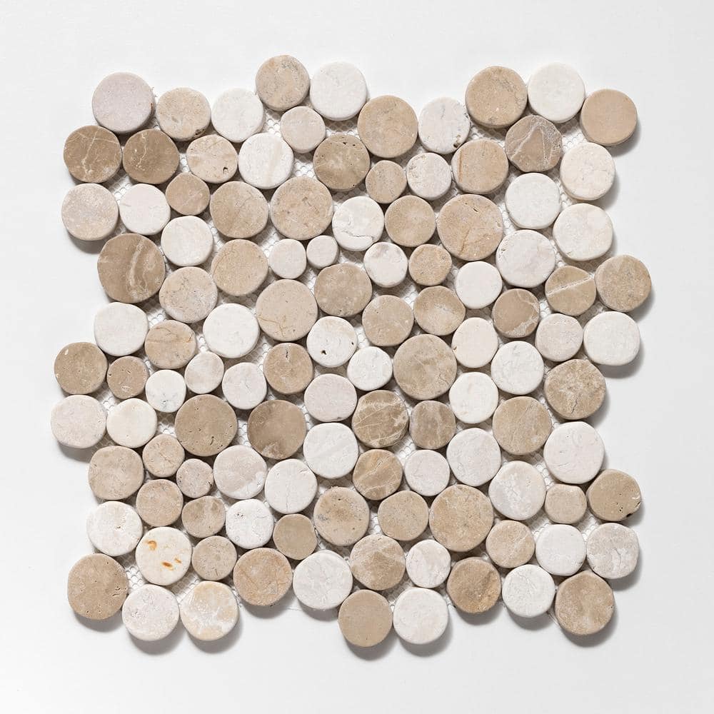 Stone Penny Rounds Tan and Off-White 11-1/2 in. x 11-1/2 in. Honed Marble Mesh-Mounted Mosaic Tile (10.12 sq.ft./Case) -  TILE CONNECTION, xd3rtwh